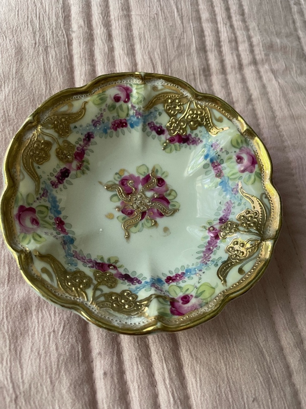 Antique Nippon Hand Painted Floral Porcelain Small Bowl Scalloped Edges Japan